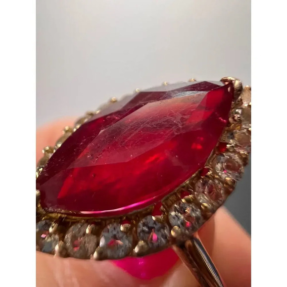 Marquis Ruby and white zircon halo ring in rose gold over sterling silver size 9 - Picture 6 of 11